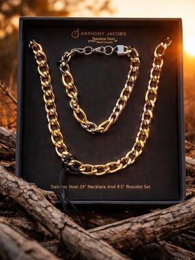 Anthony Jacobs Figora Model Stainless Steel 24" Necklace and 8.5" Bracelet Set